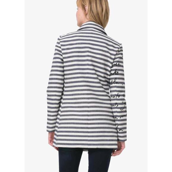 Desigual Mencia Blue & White Striped Double Breasted Blazer Floral Print Sz 38 - Picture 2 of 12